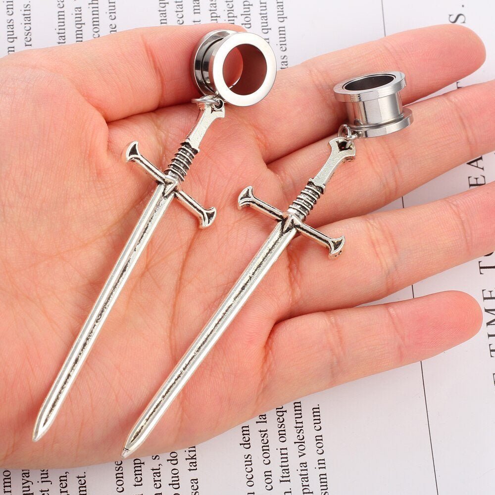 Sword Dagger Dangle Stainless Steel Plugs | Drop Dangle | Screw In | Ear Plugs Tunnels | Ear Gauges | Gothic Jewelry - DustyJewelz