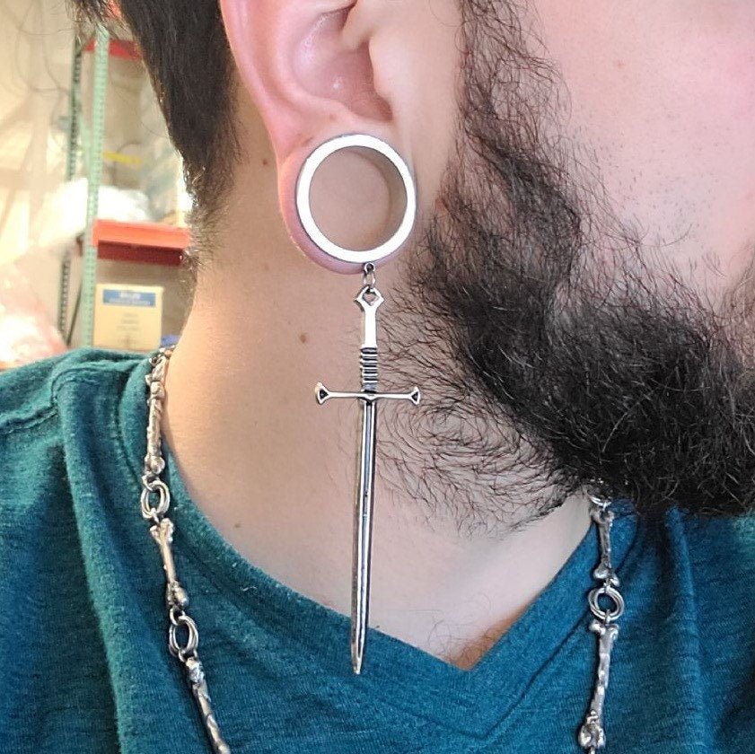 Sword Dagger Dangle Stainless Steel Plugs | Drop Dangle | Screw In | Ear Plugs Tunnels | Ear Gauges | Gothic Jewelry - DustyJewelz