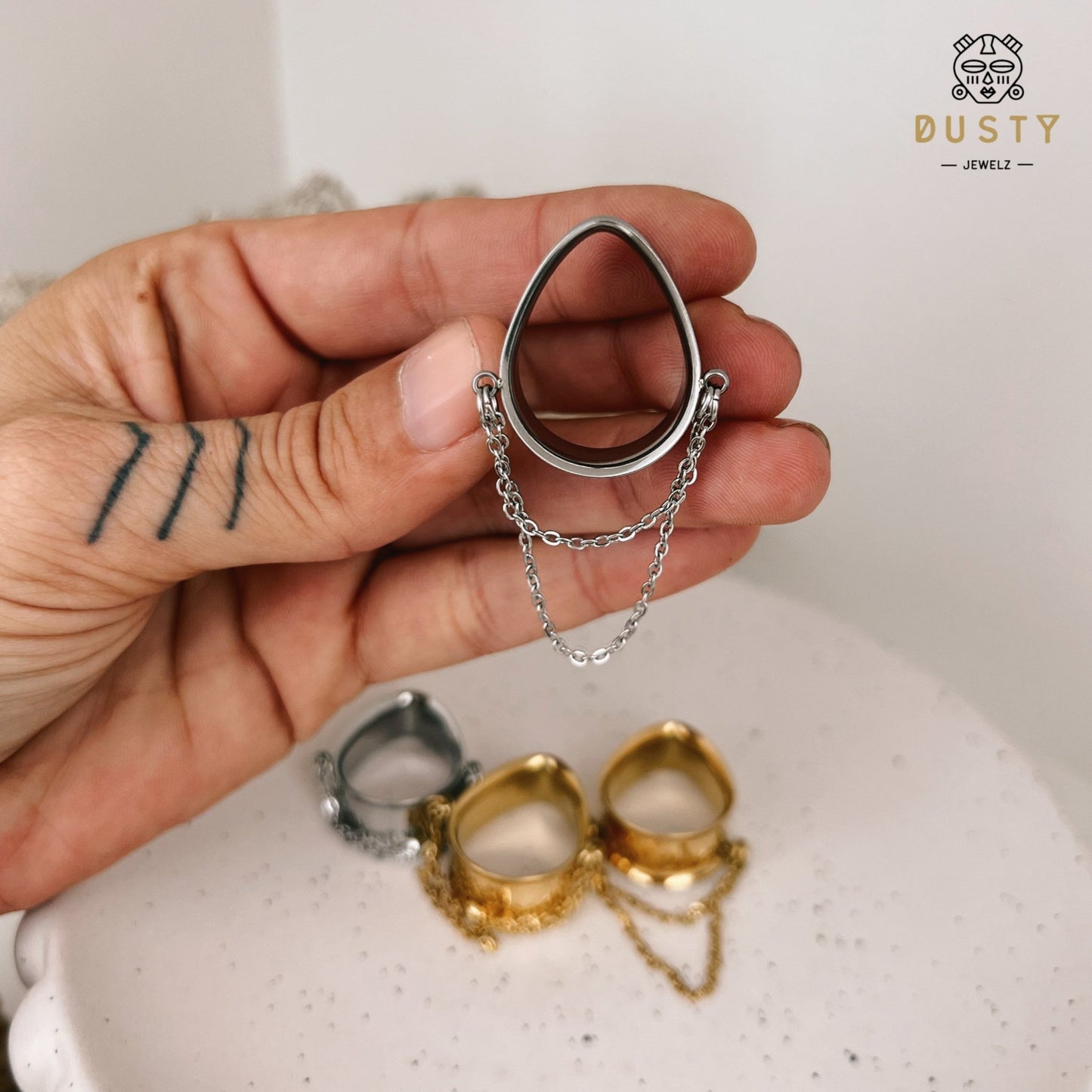 Teardrop Double Chain Tunnels | Dangle Plugs - DustyJewelz