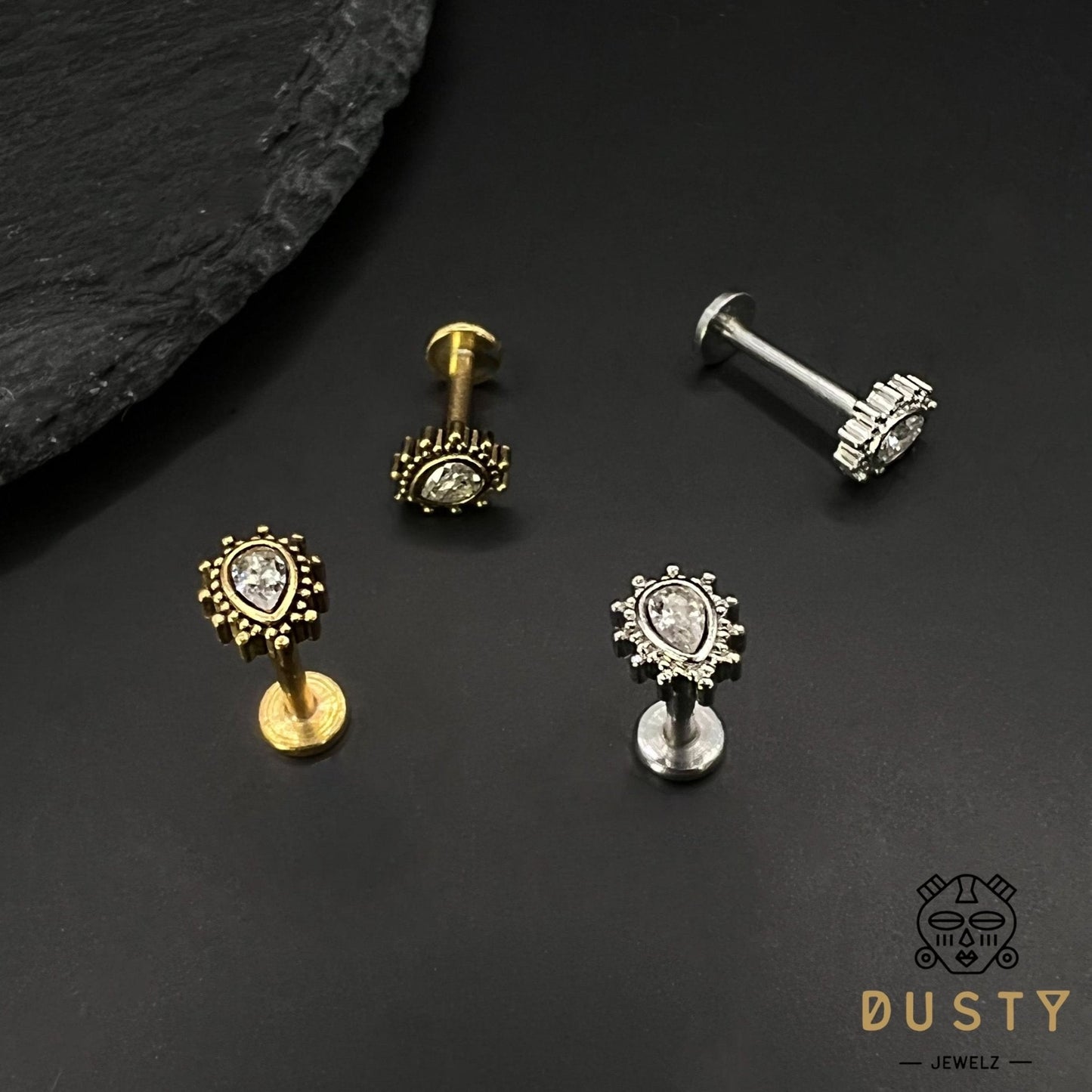 Teardrop Gem Labret Stud | Medusa Piercing | 16g Surgical Steel - DustyJewelz