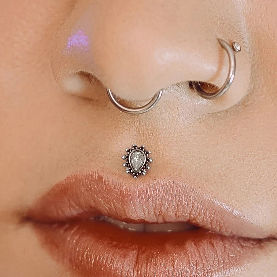 Teardrop Gem Labret Stud | Medusa Piercing | 16g Surgical Steel - DustyJewelz