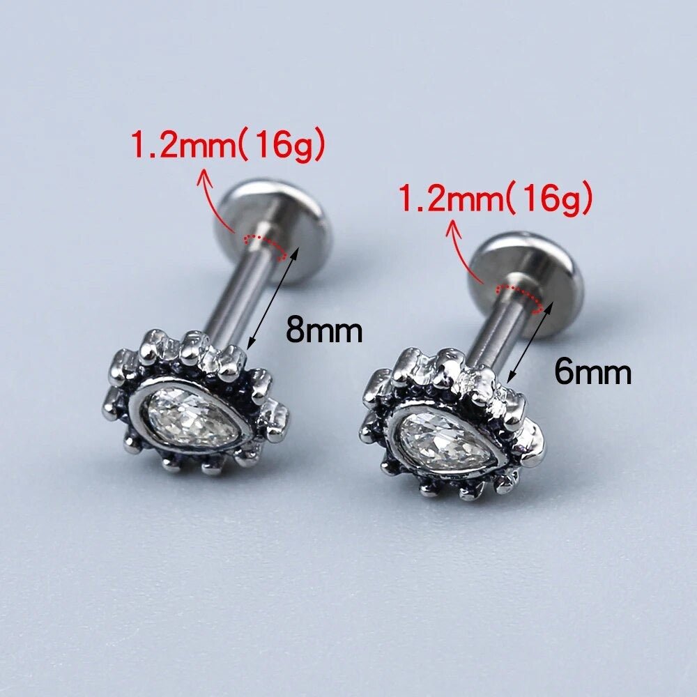 Teardrop Gem Labret Stud | Medusa Piercing | 16g Surgical Steel - DustyJewelz
