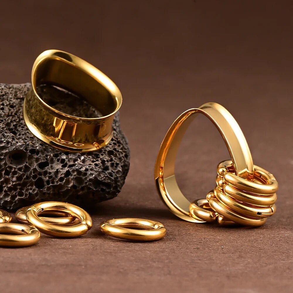 Teardrop Tunnels And Ring Stack Set | Steel Eyelets With Dangle Rings - DustyJewelz