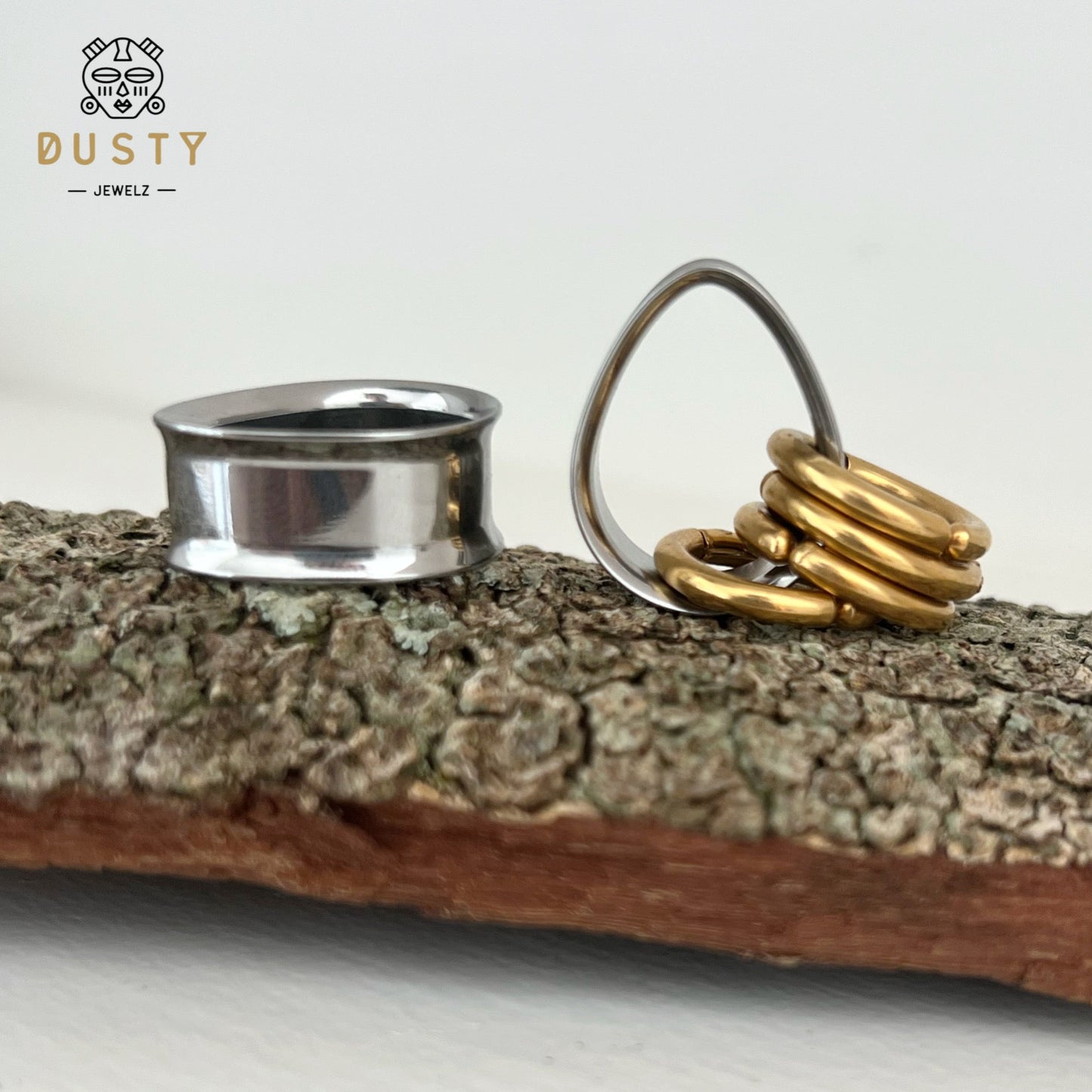 Teardrop Tunnels And Ring Stack Set | Steel Eyelets With Dangle Rings - DustyJewelz
