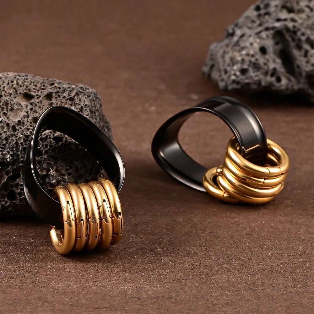 Teardrop Tunnels And Ring Stack Set | Steel Eyelets With Dangle Rings - DustyJewelz