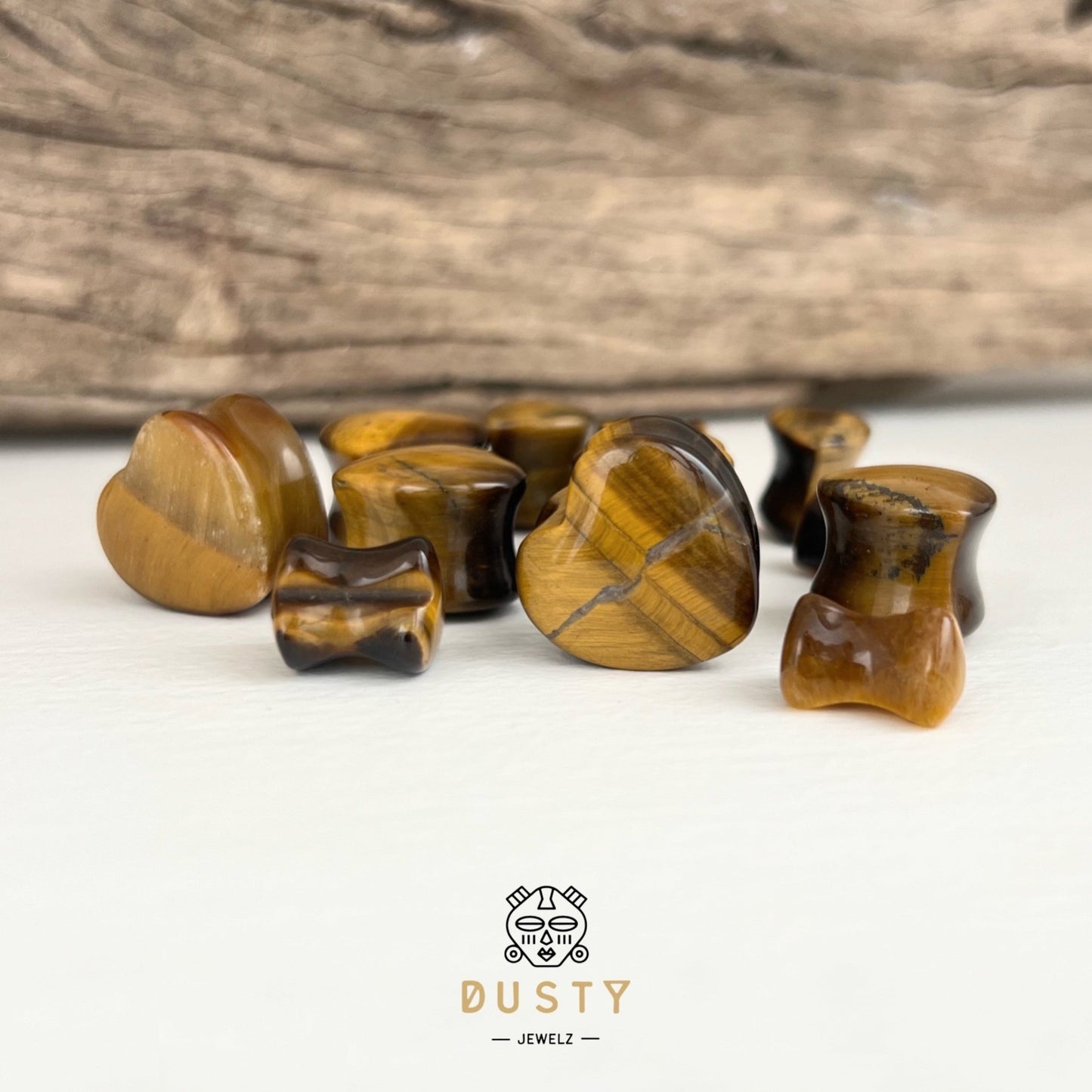 Tiger Eye Heart Shaped Stone Plugs | Double Flare - DustyJewelz