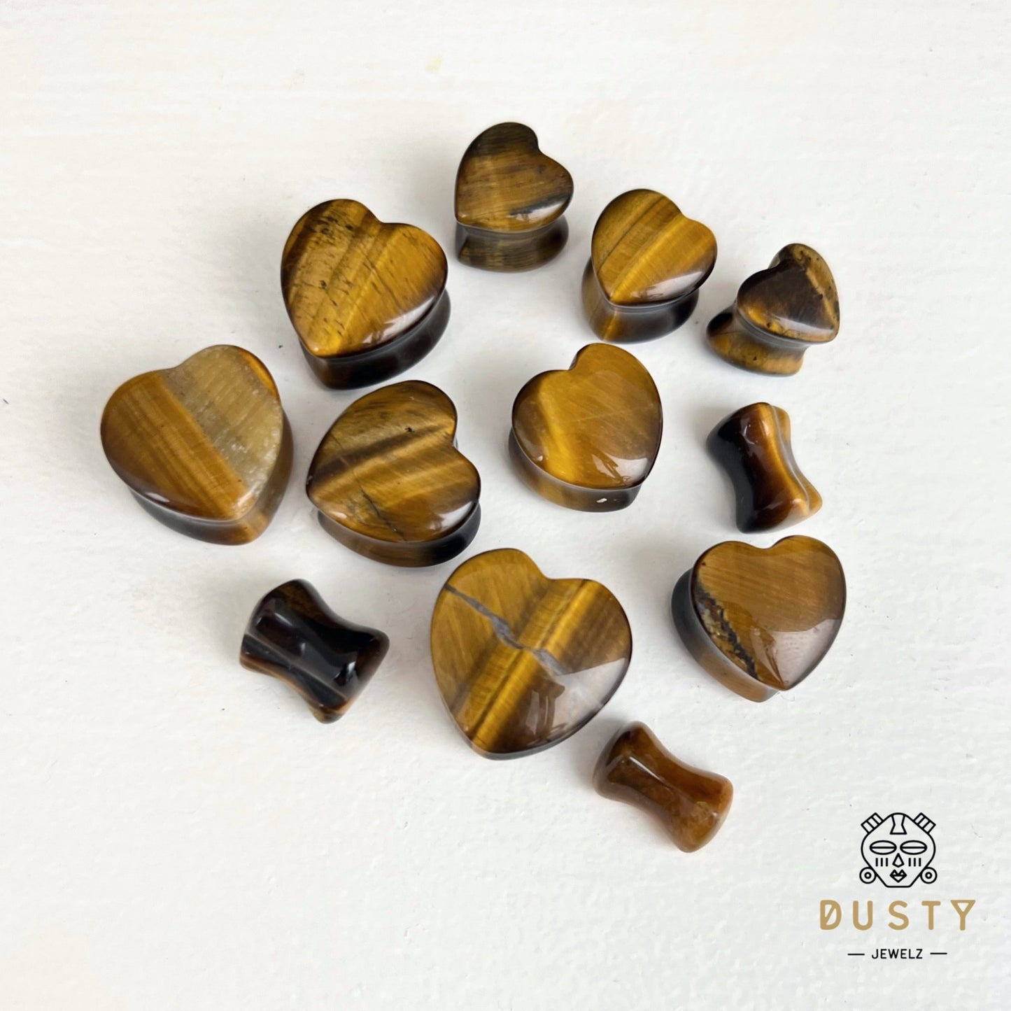Tiger Eye Heart Shaped Stone Plugs | Double Flare - DustyJewelz