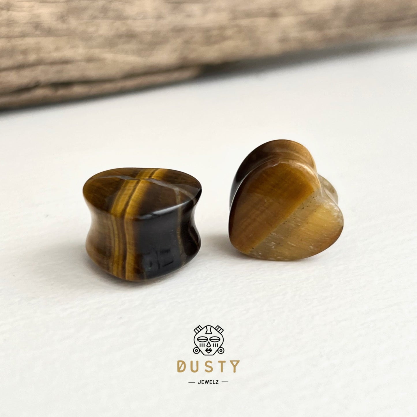 Tiger Eye Heart Shaped Stone Plugs | Double Flare - DustyJewelz