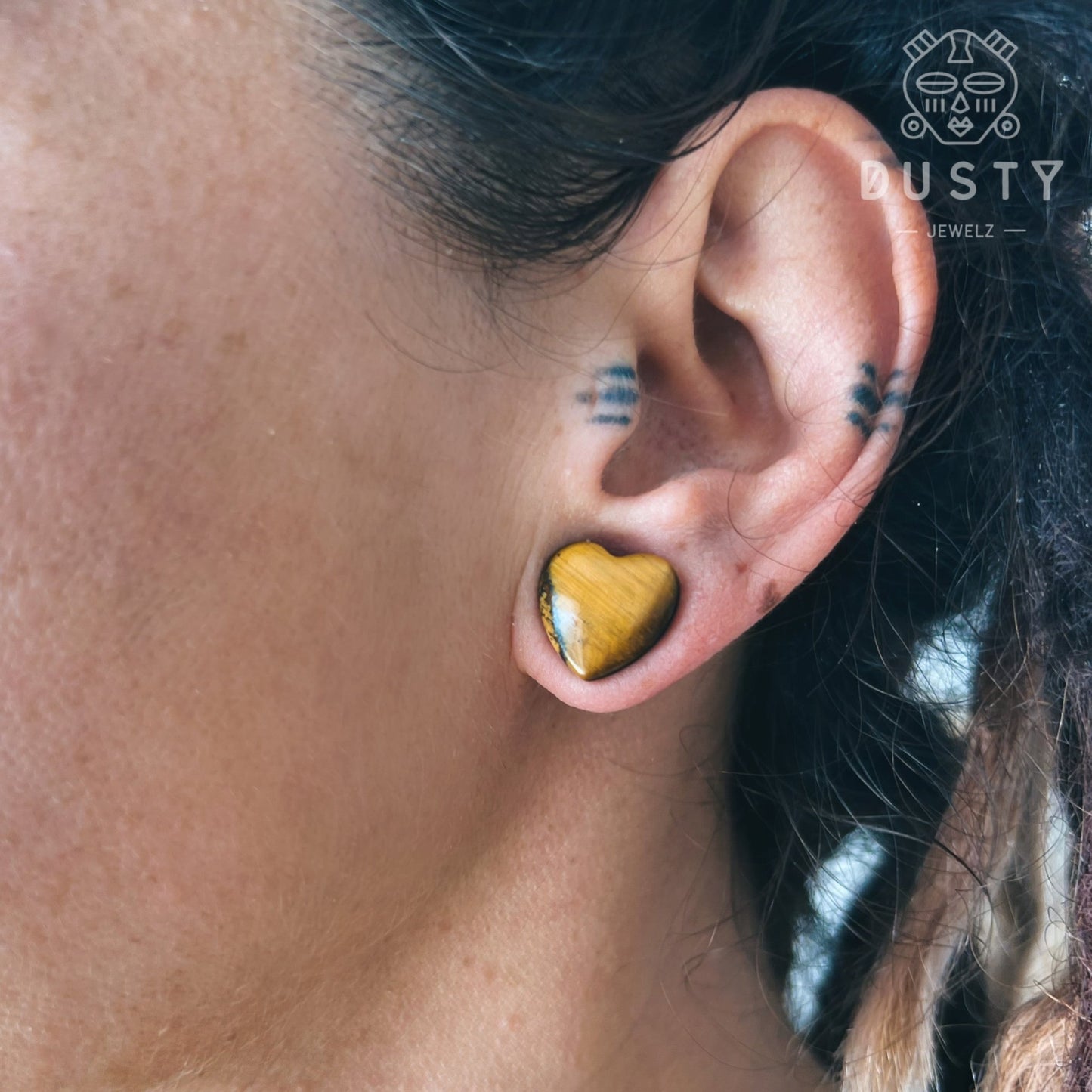 Tiger Eye Heart Shaped Stone Plugs | Double Flare - DustyJewelz