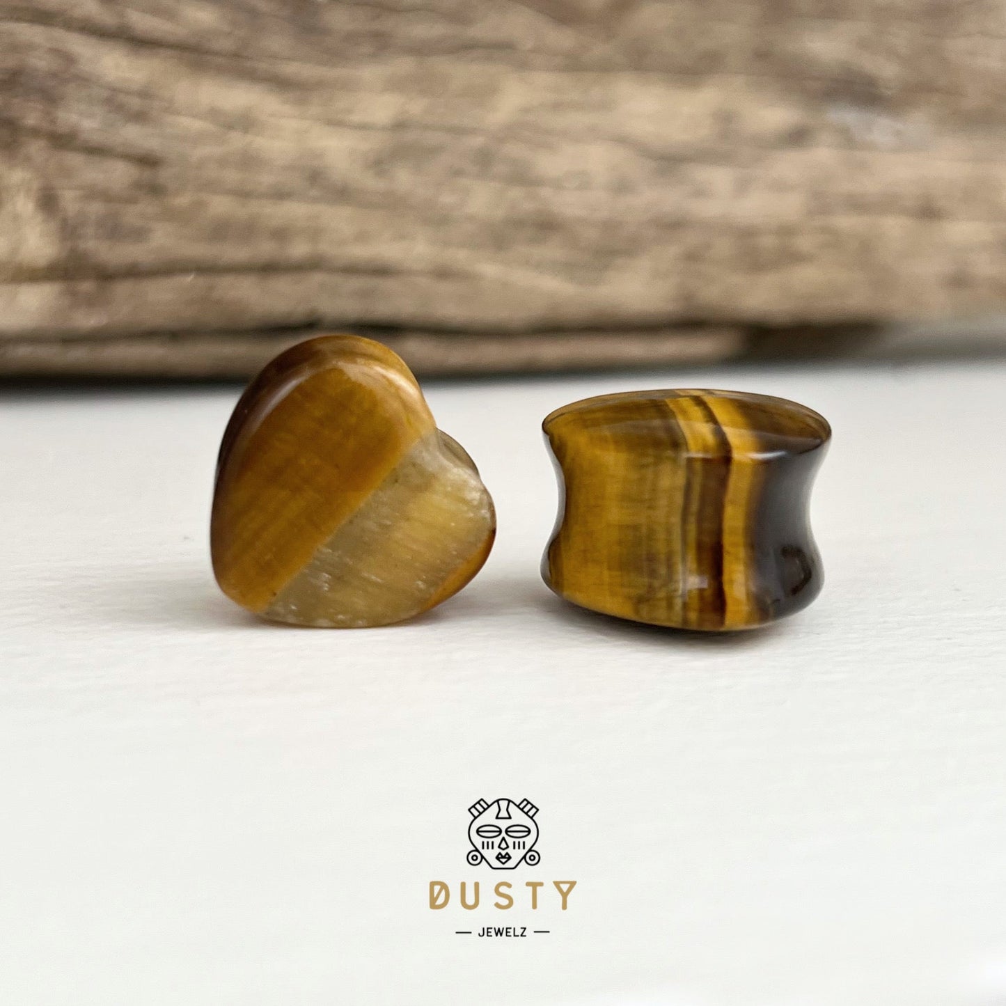 Tiger Eye Heart Shaped Stone Plugs | Double Flare - DustyJewelz