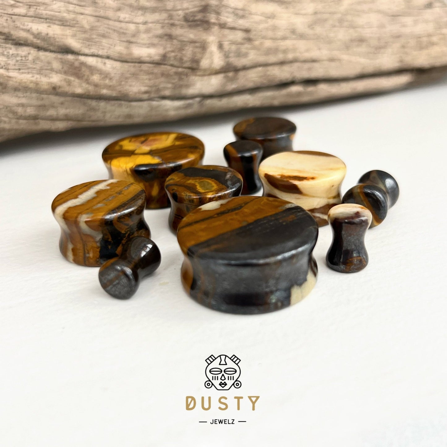 Tiger Eye Stone Plugs | Double Flare - DustyJewelz