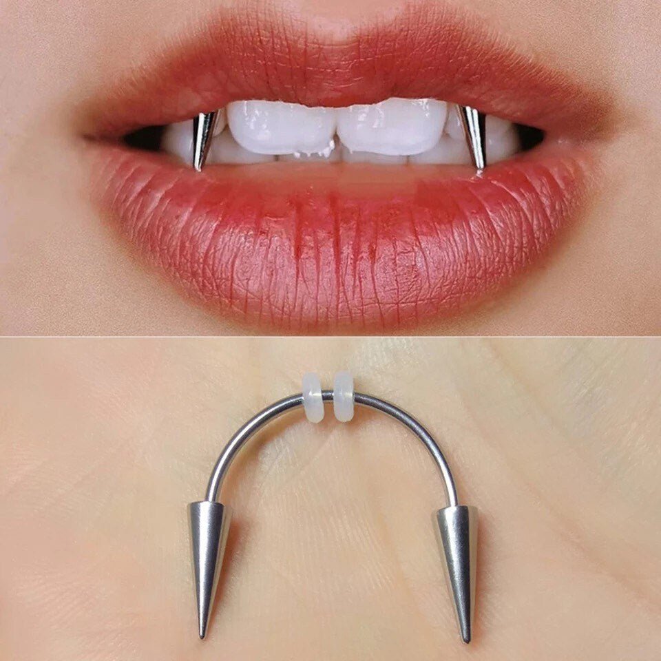 Vampire Fangs | Dracula Smiley Teeth Frenulum Lip Piercing - DustyJewelz