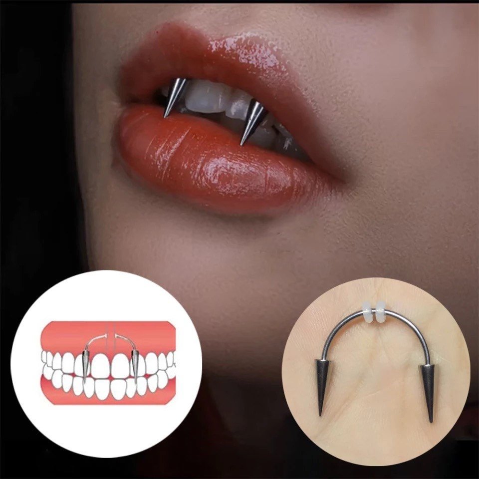 Vampire Fangs | Dracula Smiley Teeth Frenulum Lip Piercing - DustyJewelz