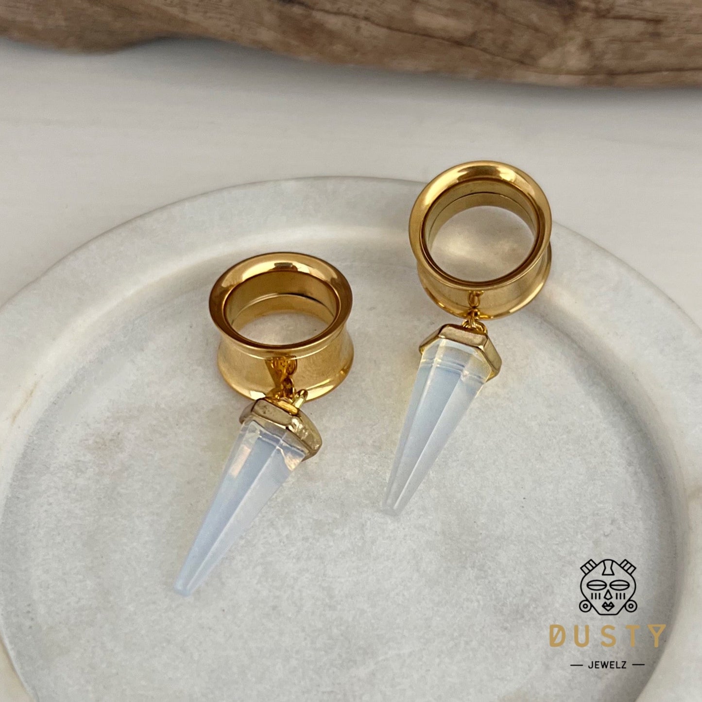 White Opalite Cone Crystal Dangle Tunnel Plugs - DustyJewelz