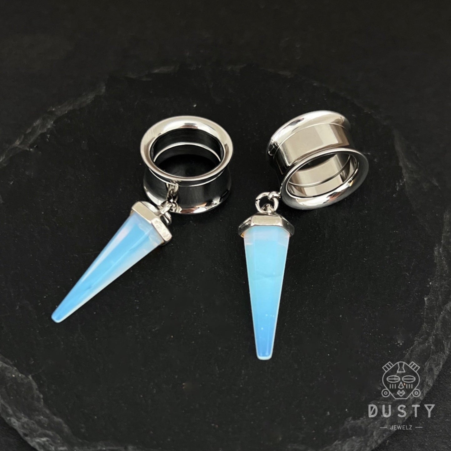 White Opalite Cone Crystal Dangle Tunnel Plugs - DustyJewelz