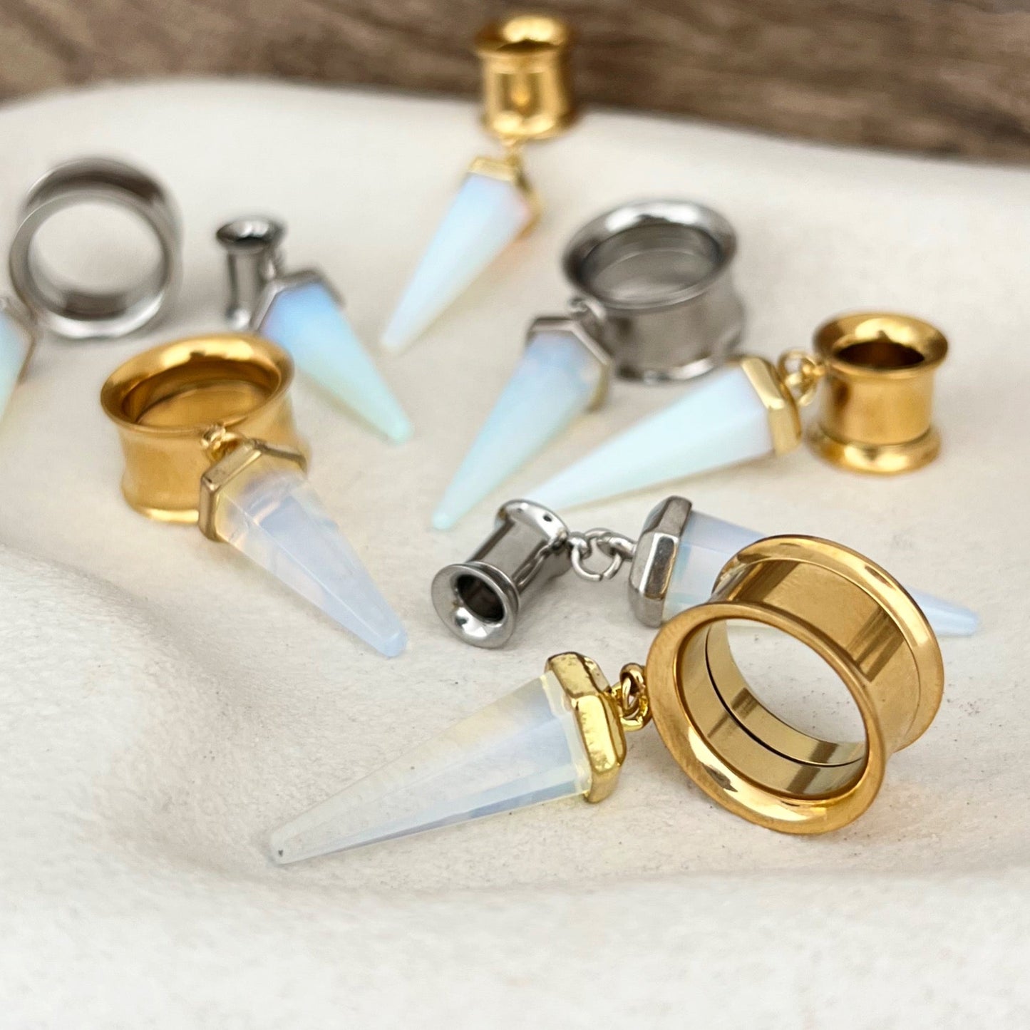 White Opalite Cone Crystal Dangle Tunnel Plugs - DustyJewelz