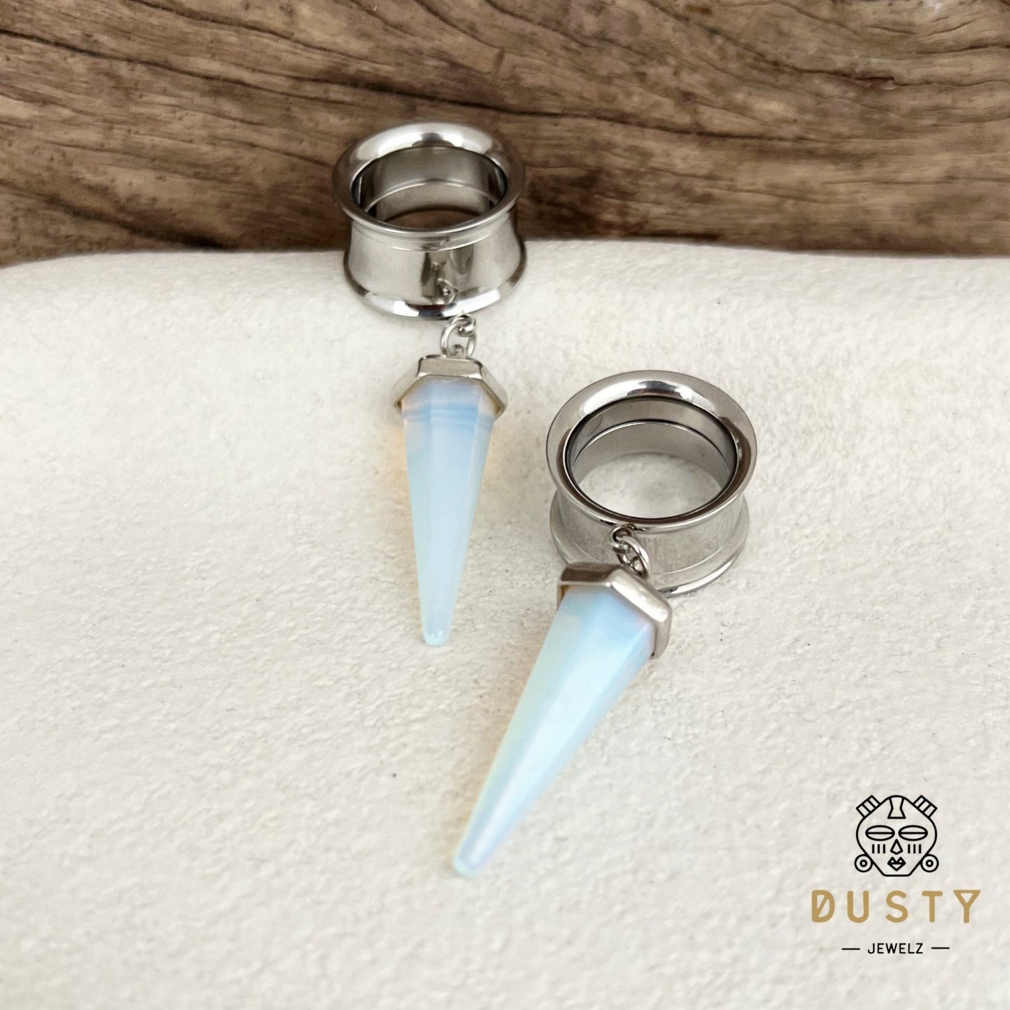 White Opalite Cone Crystal Dangle Tunnel Plugs - DustyJewelz