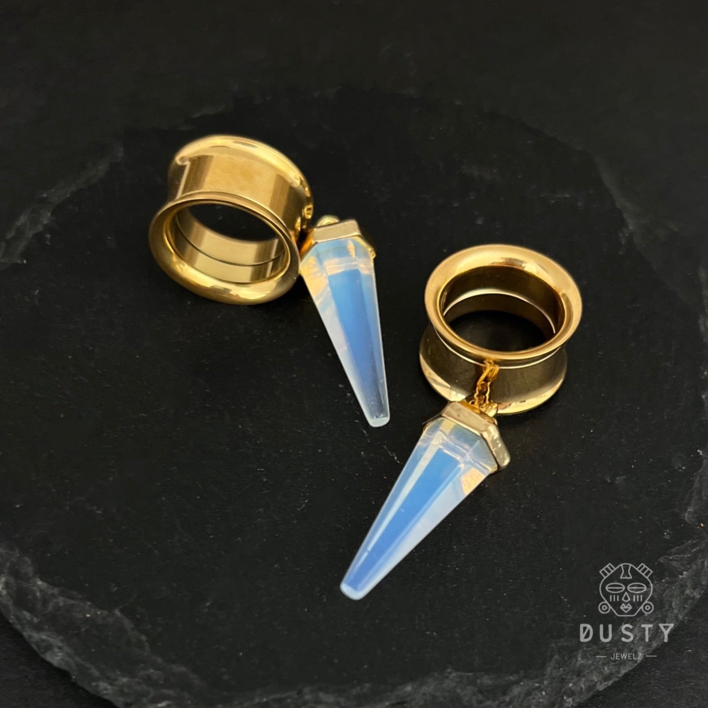 White Opalite Cone Crystal Dangle Tunnel Plugs - DustyJewelz