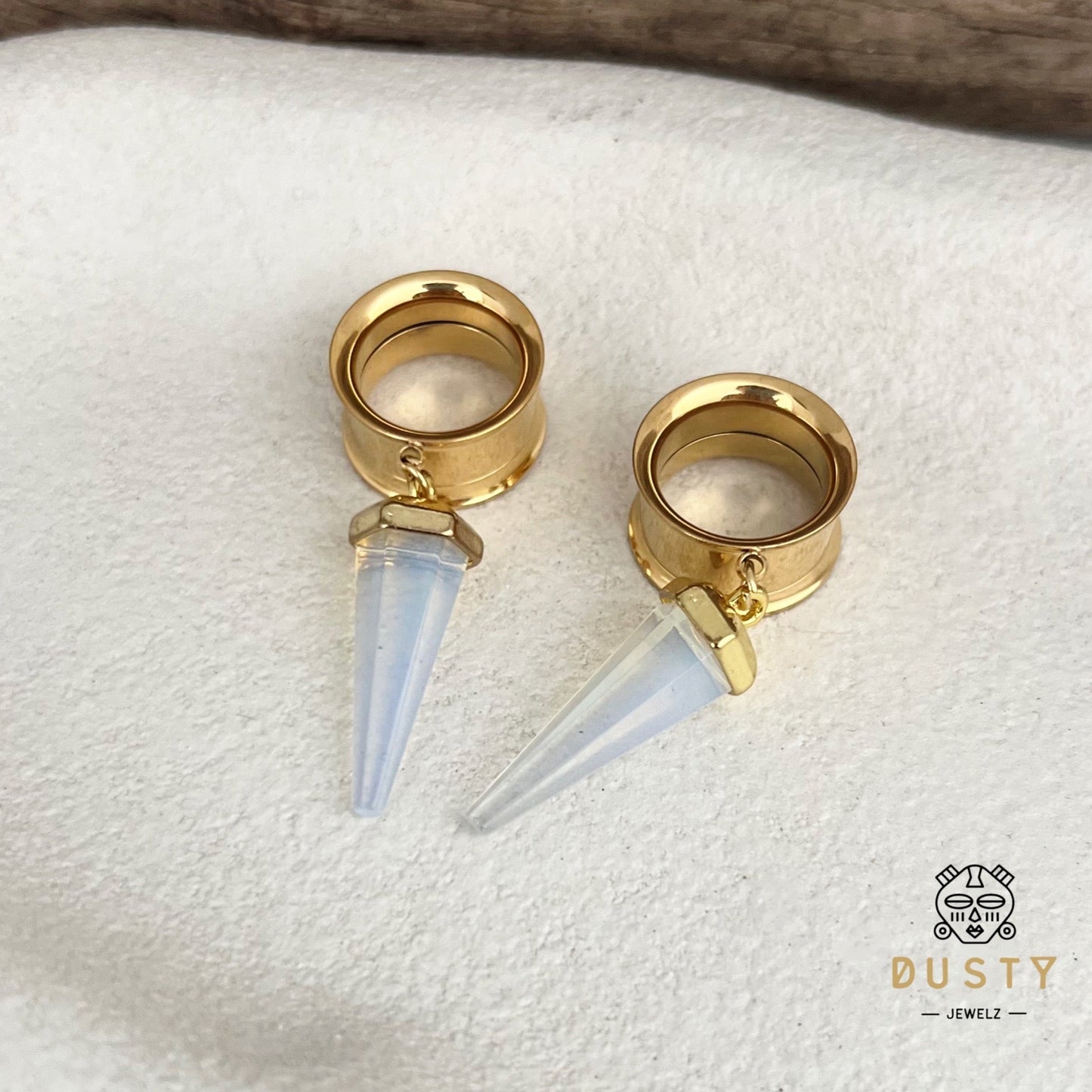 White Opalite Cone Crystal Dangle Tunnel Plugs - DustyJewelz