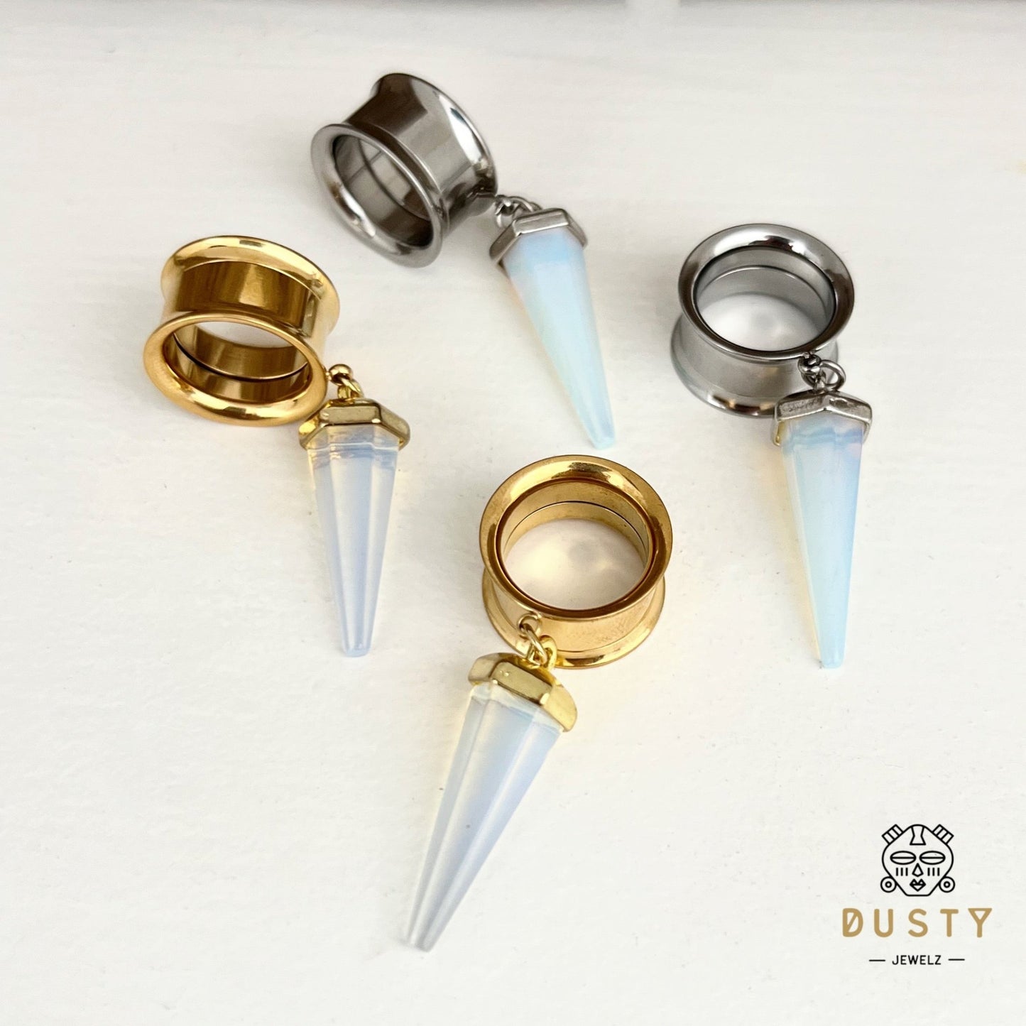 White Opalite Cone Crystal Dangle Tunnel Plugs - DustyJewelz