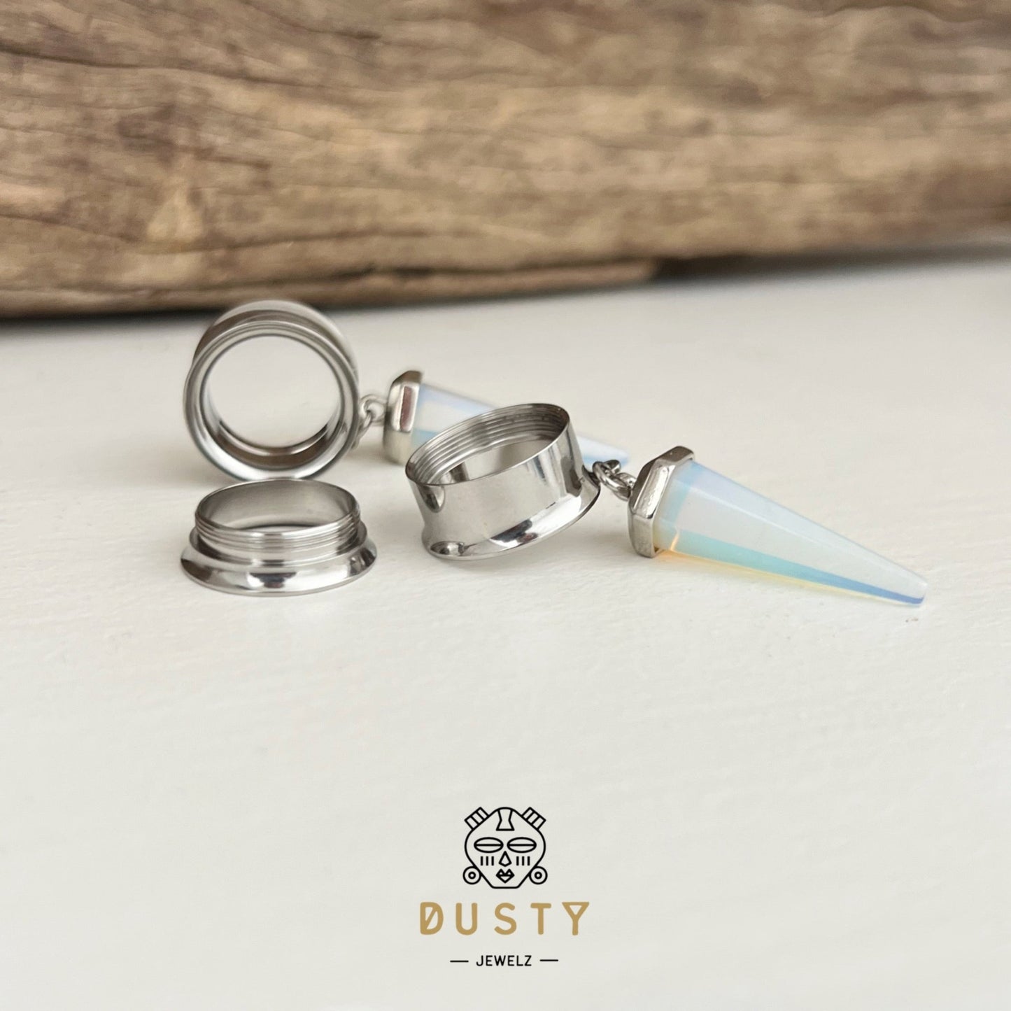 White Opalite Cone Crystal Dangle Tunnel Plugs - DustyJewelz