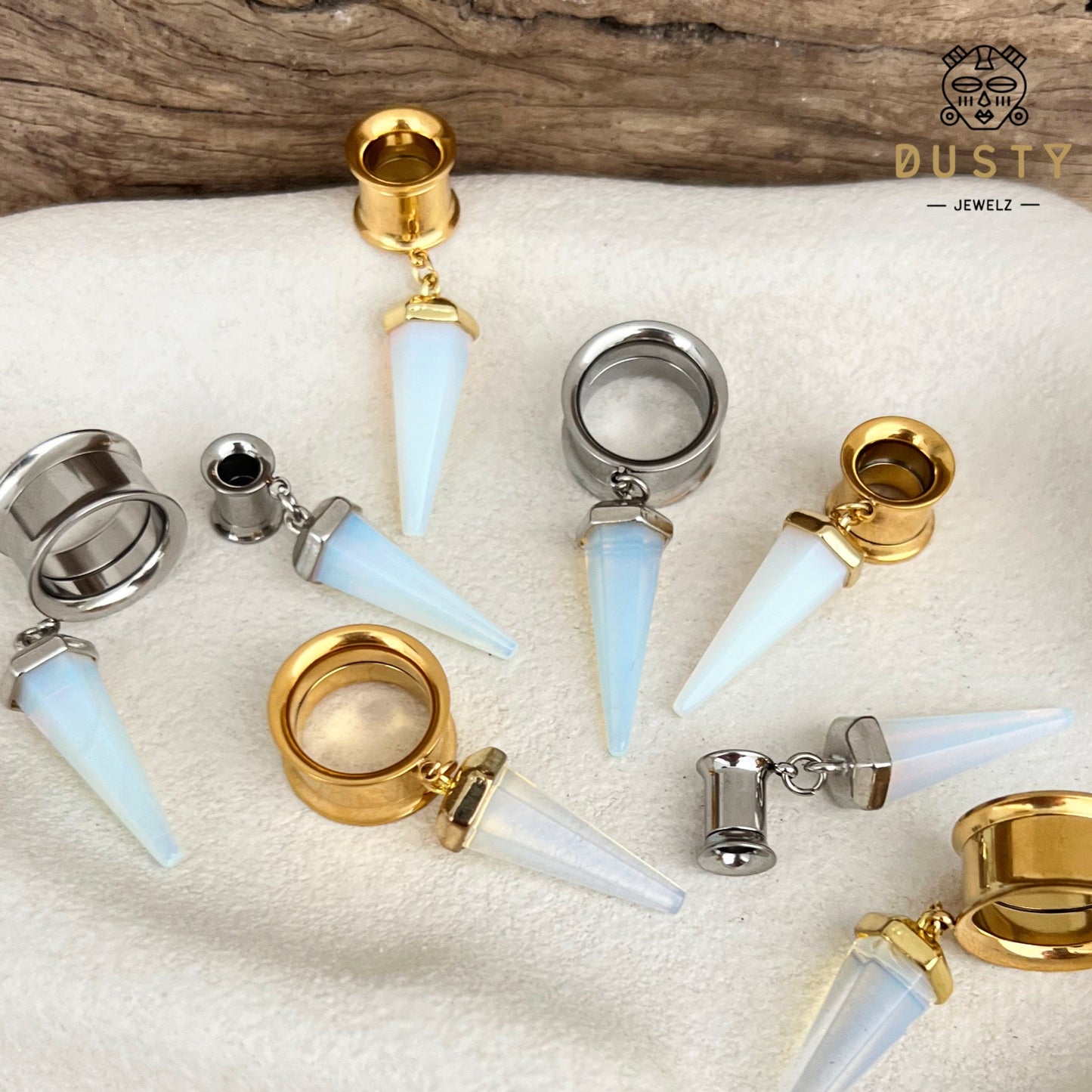 White Opalite Cone Crystal Dangle Tunnel Plugs - DustyJewelz