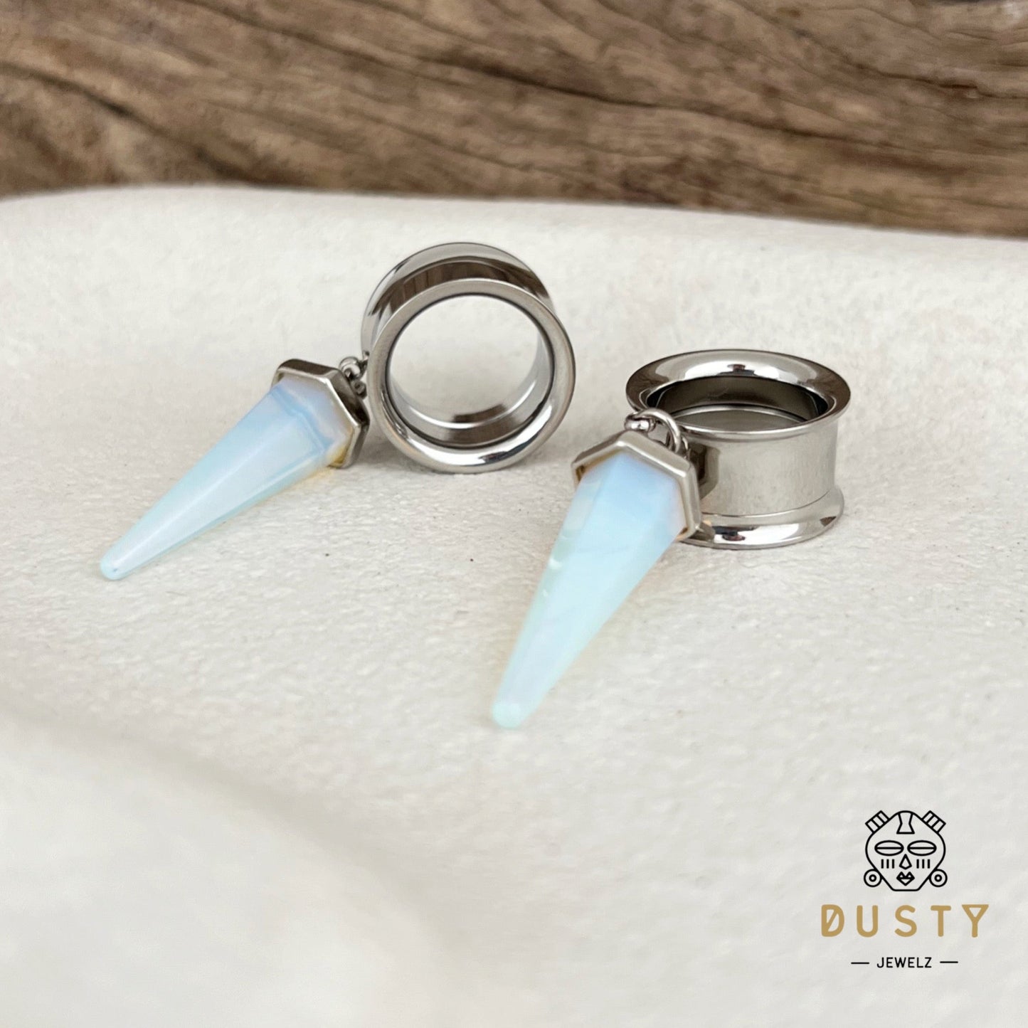 White Opalite Cone Crystal Dangle Tunnel Plugs - DustyJewelz