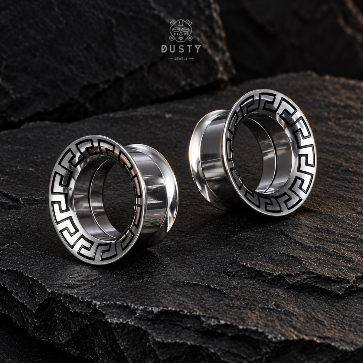 Greek Key Stainless Steel Screw Back Tunnels | Gold & Silver | 8–16mm