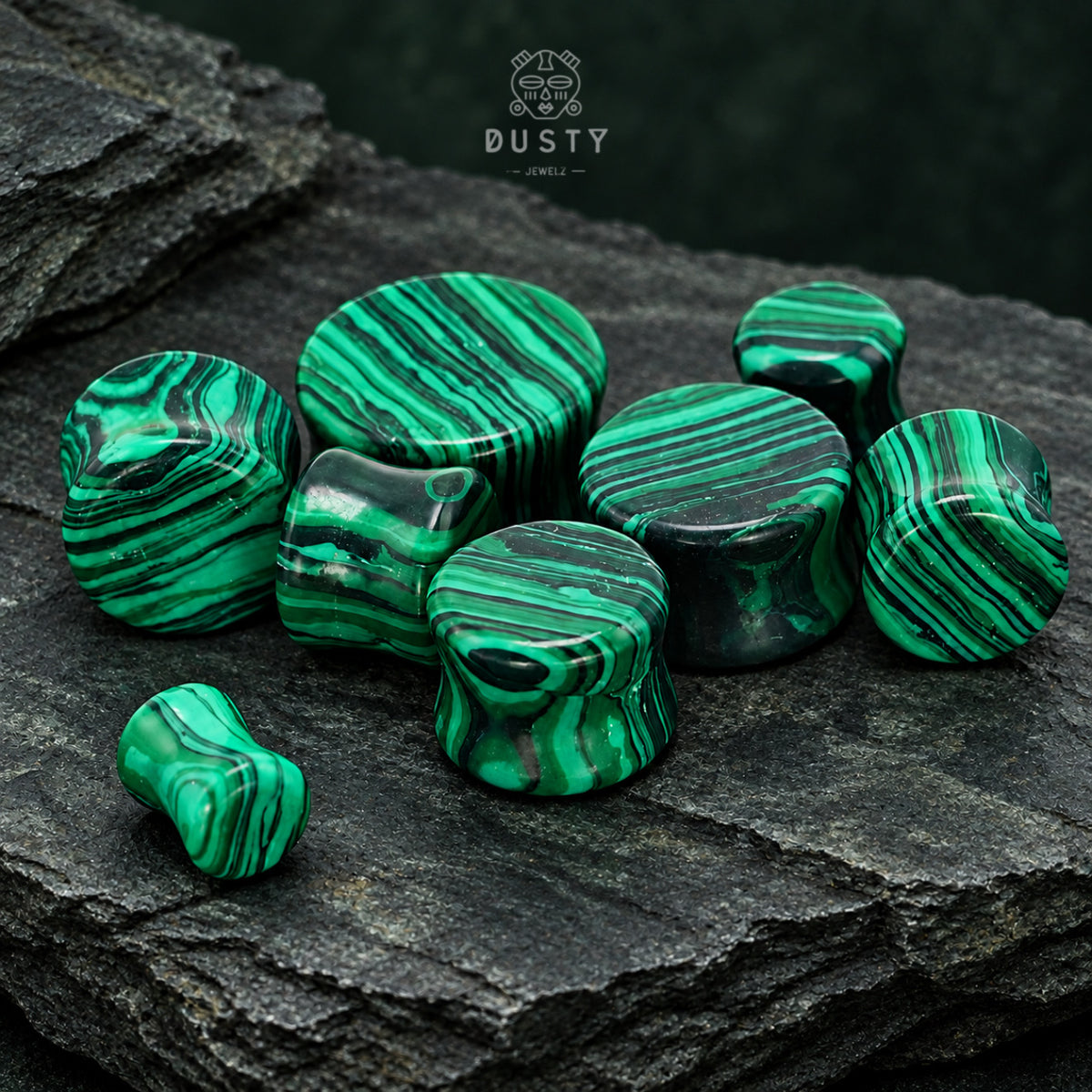 Malachite Stone Double Flared Plugs | 6–16mm