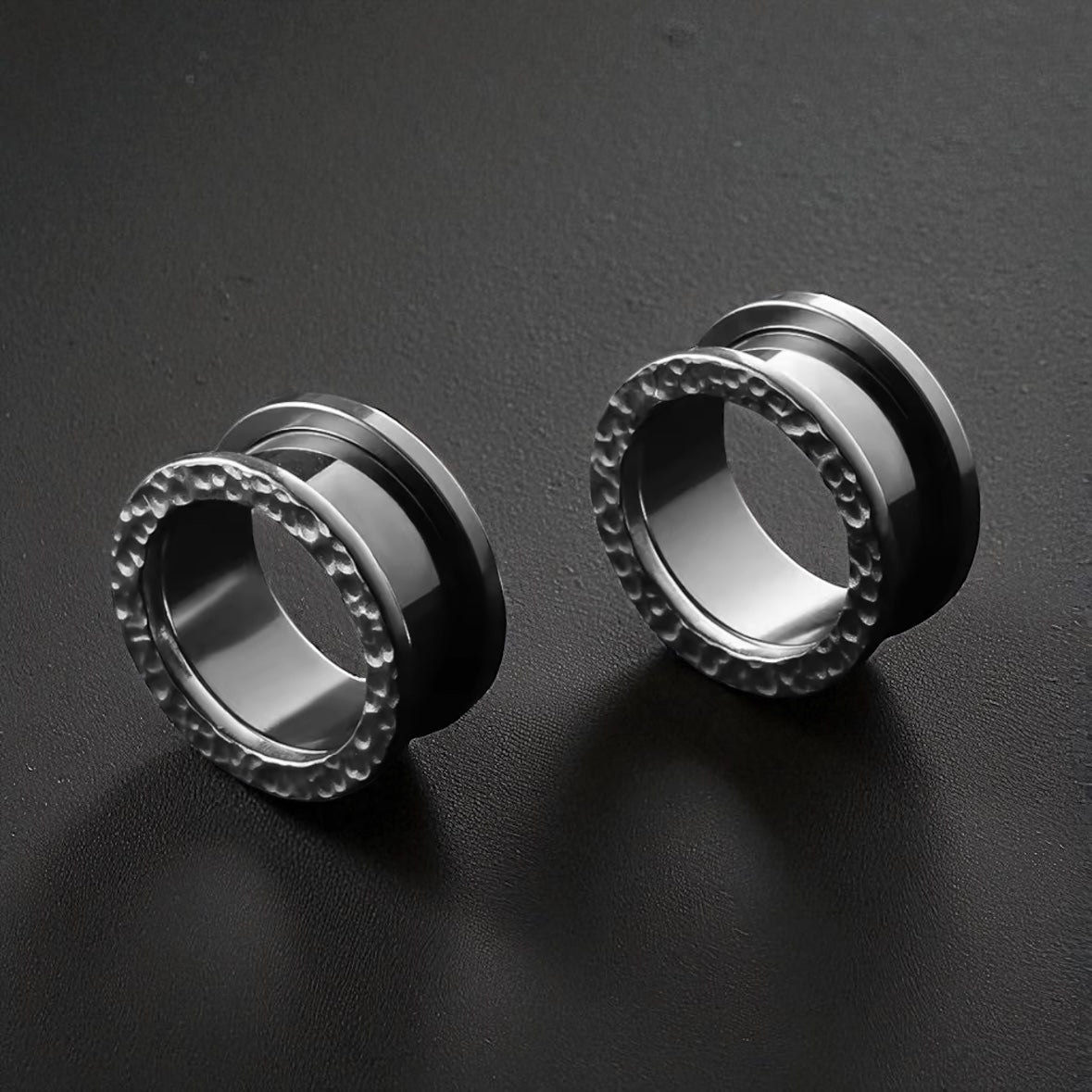 Hammered Stainless Steel Tunnels | Double Flare Screw Back