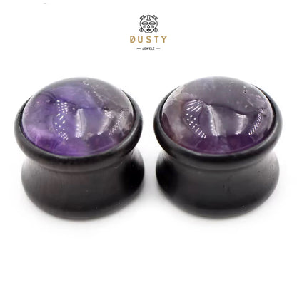 Amethyst & Wood Double Flare Plugs | Light or Dark Wood | 6–16mm