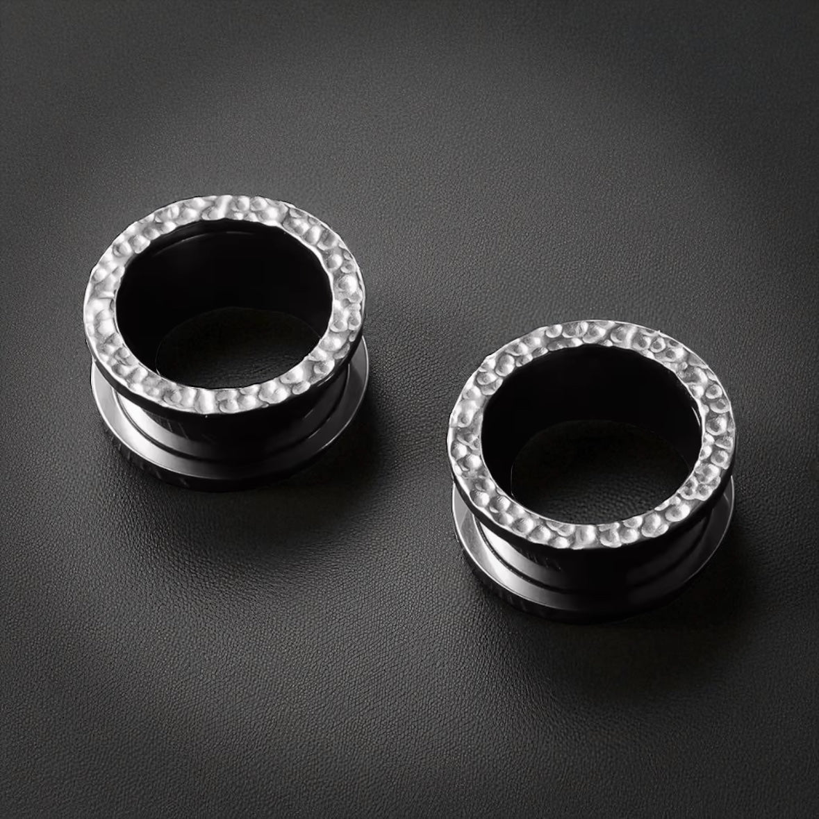 Hammered Stainless Steel Tunnels | Double Flare Screw Back