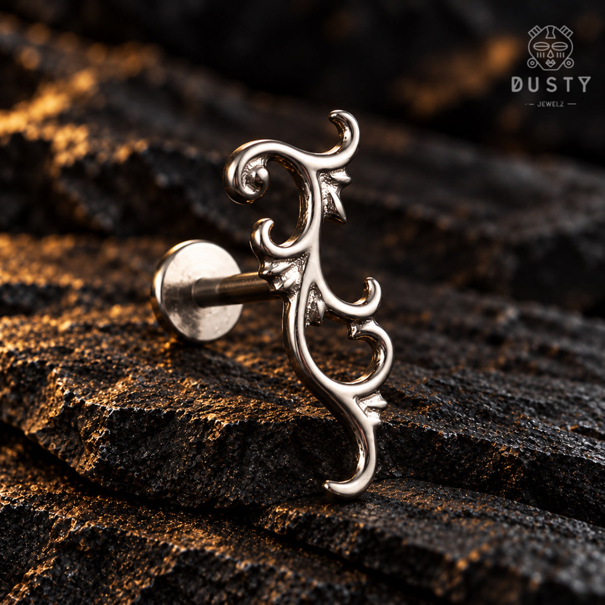Baroque Vine Threadless Labret Stud | Titanium Gold or Silver