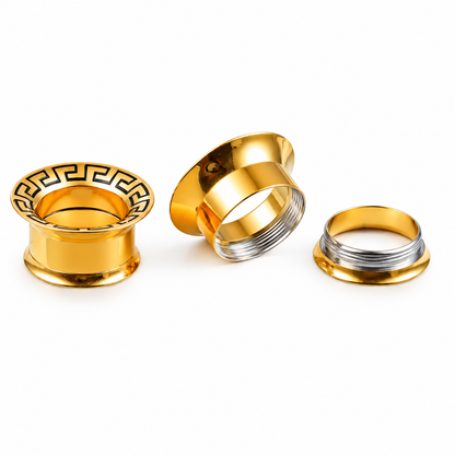 Greek Key Stainless Steel Screw Back Tunnels | Gold & Silver | 8–16mm