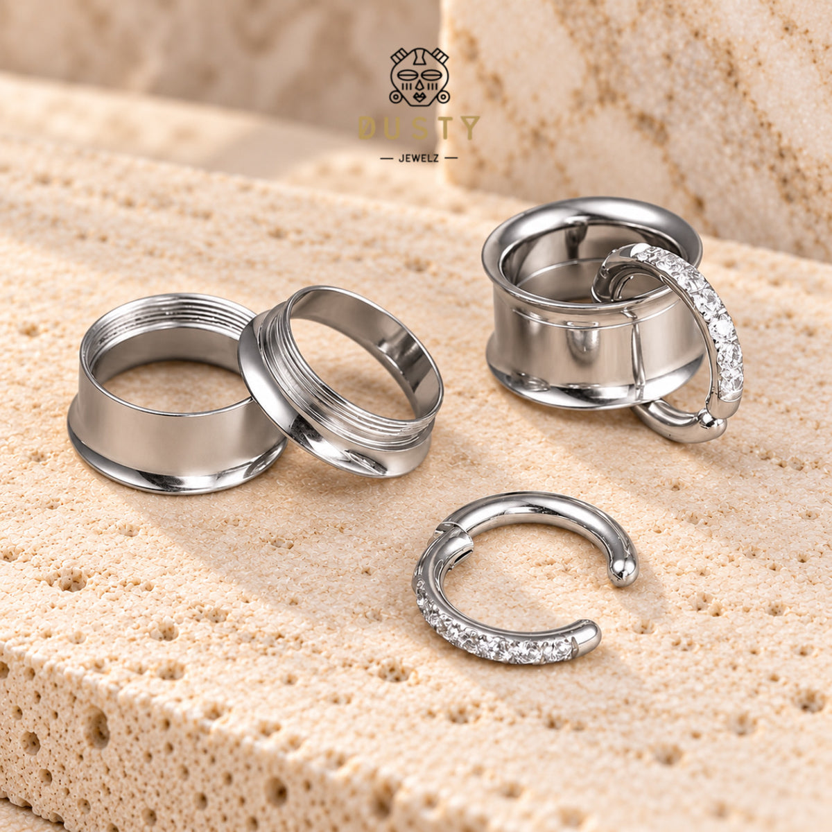Tunnels And Ring Stack Set | Eyelets With CZ Dangle Rings