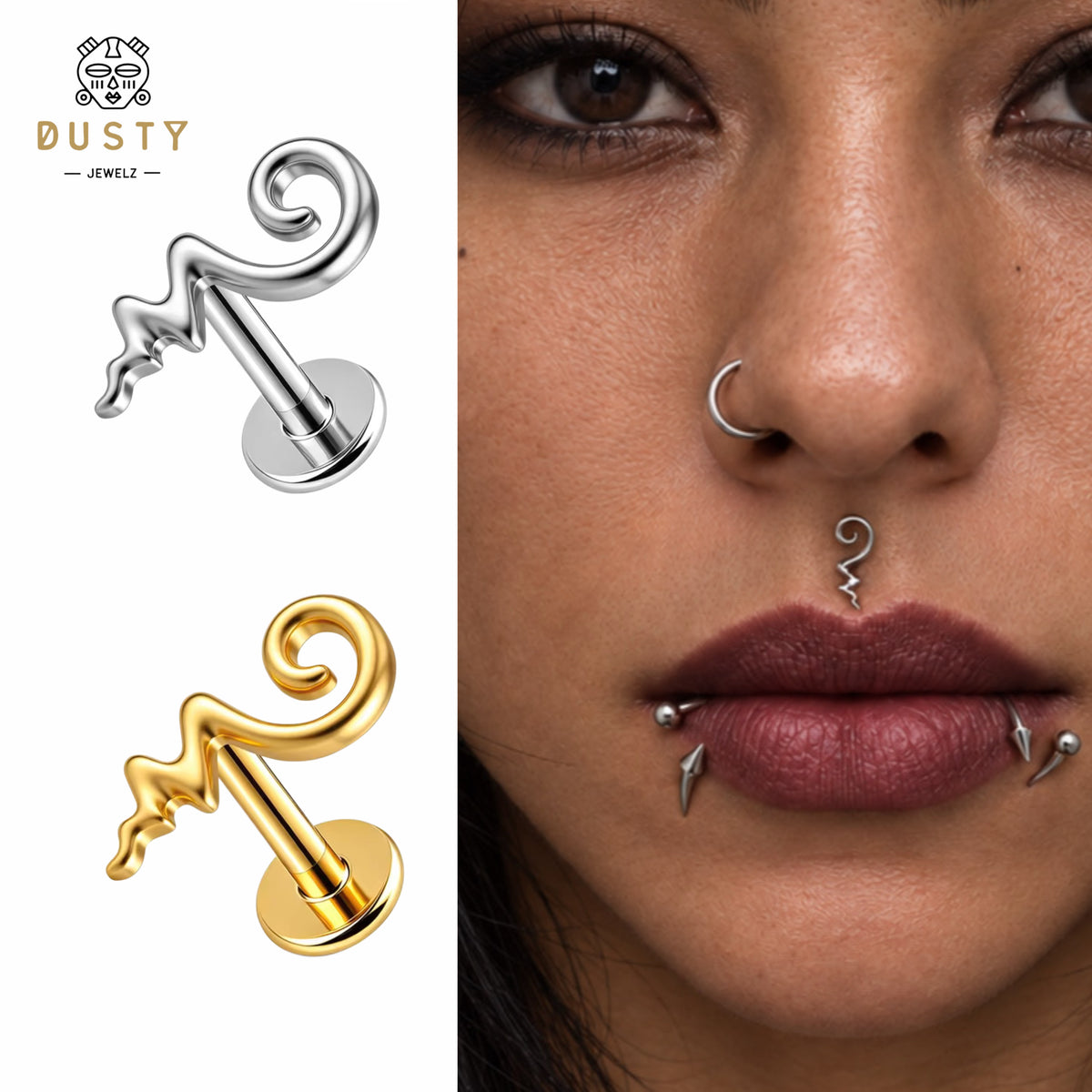 Unalome Labret Stud | Threadless Titanium | Gold or Silver