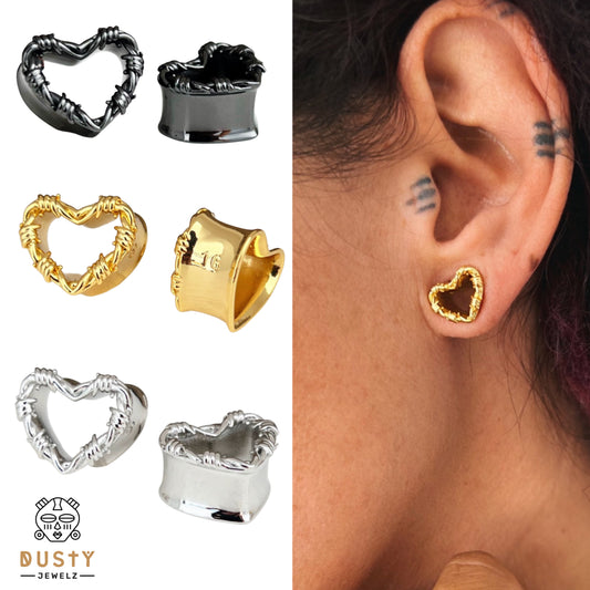 Barbed Wire Heart Ear Saddle Tunnels | Stainless Steel Plugs