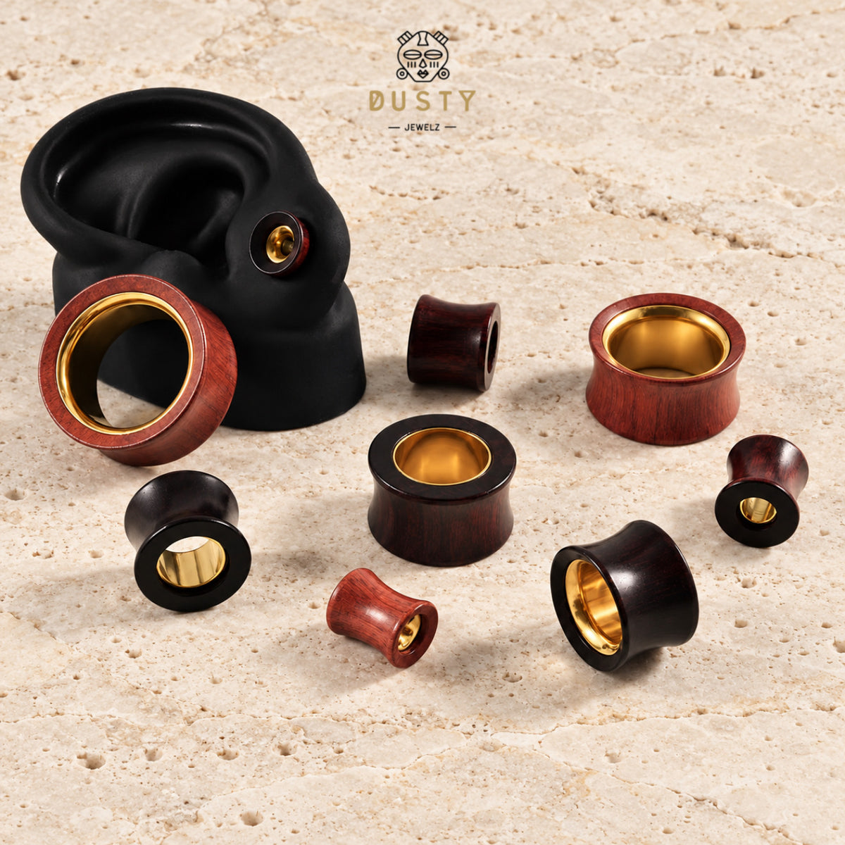 Wood Ear Tunnels with Gold-Tone Steel Insert | Red & Black Wood | 8-25mm