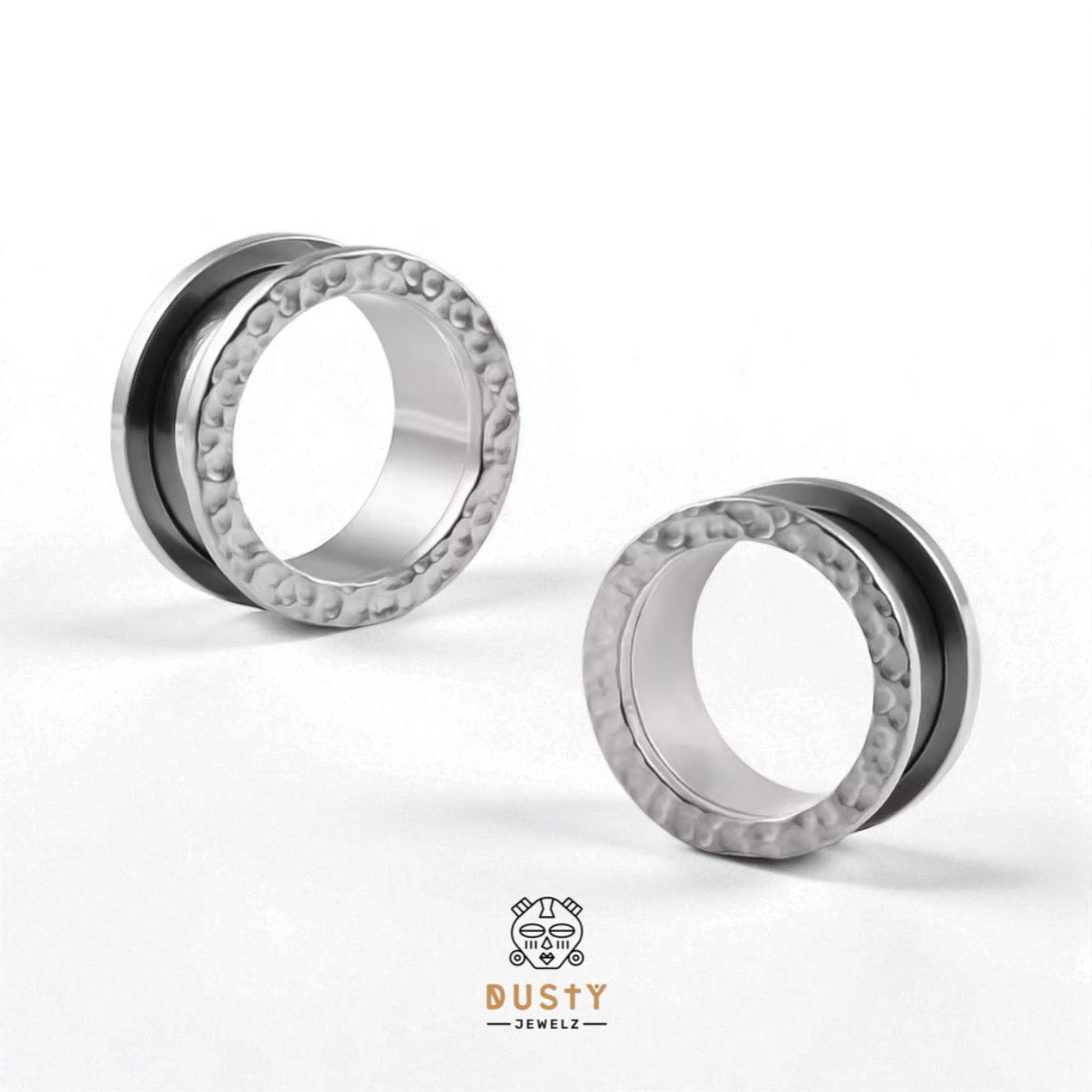 Hammered Stainless Steel Tunnels | Double Flare Screw Back