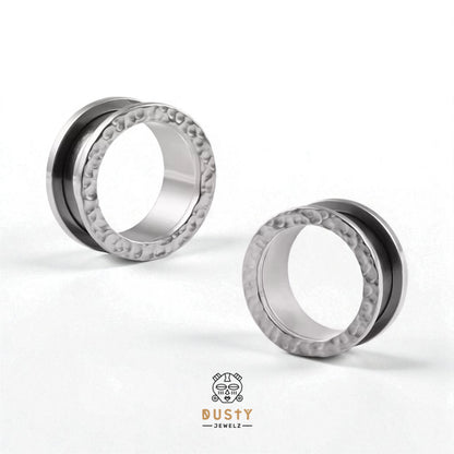 Hammered Stainless Steel Tunnels | Double Flare Screw Back