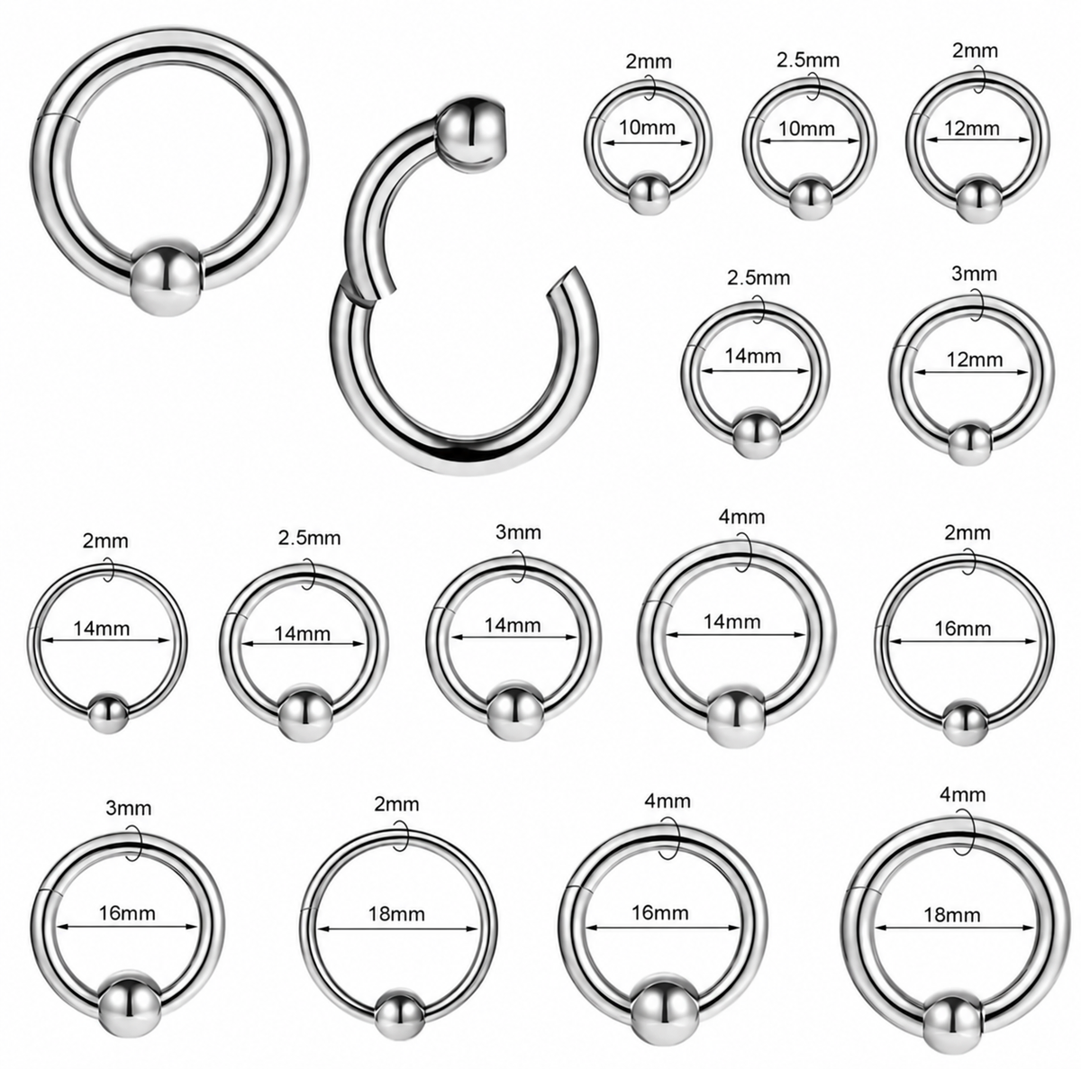 Large Hinged Segment Ball Closure Ring | Stainless Steel 2-4mm