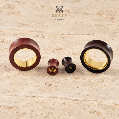 Wood Ear Tunnels with Gold-Tone Steel Insert | Red & Black Wood | 8-25mm