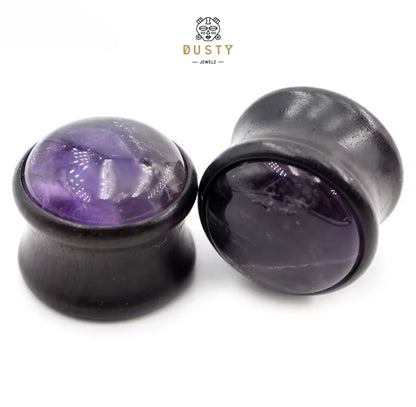 Amethyst & Wood Double Flare Plugs | Light or Dark Wood | 6–16mm