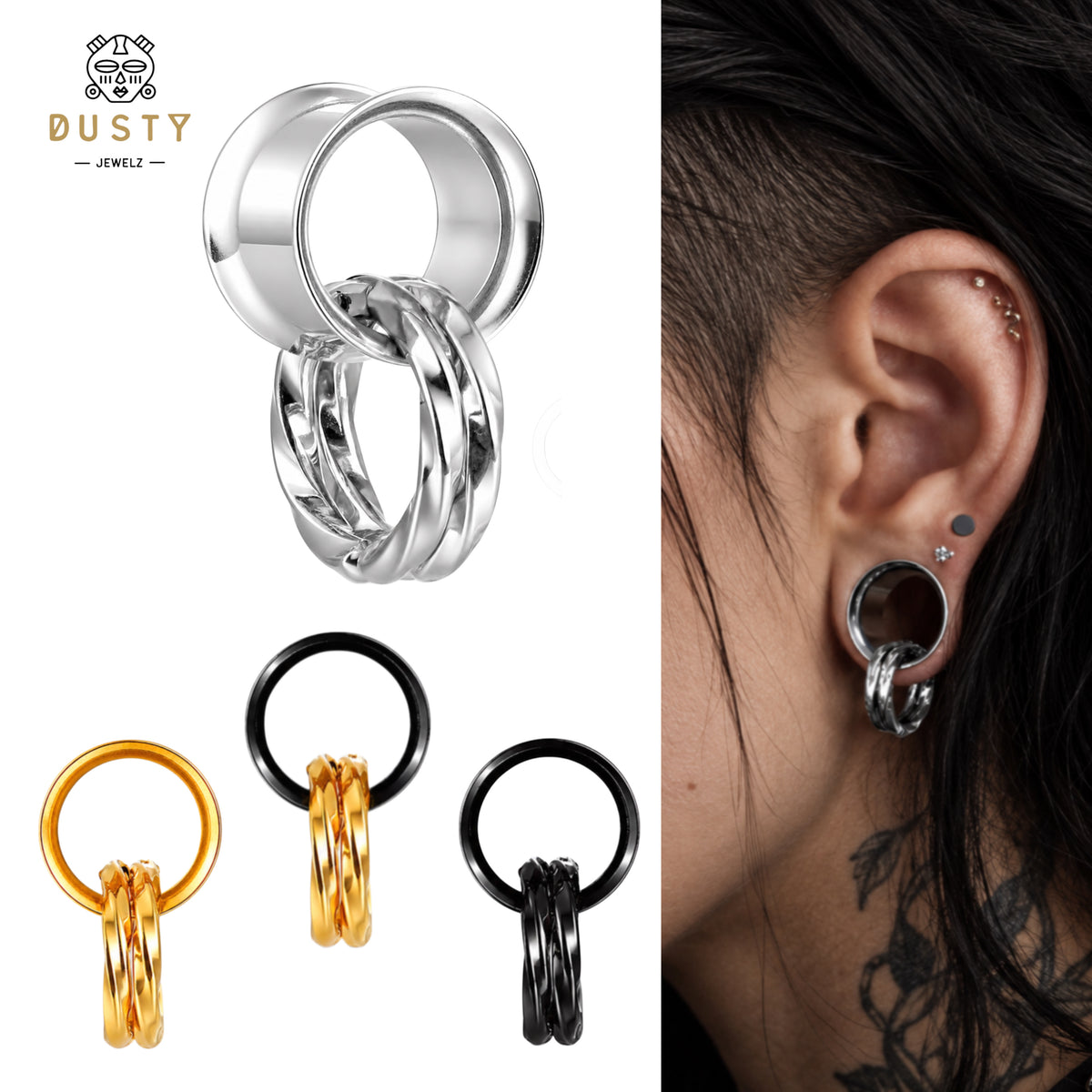 Steel Tunnels And Ring Stack Set | Steel Eyelets With Dangle Rings