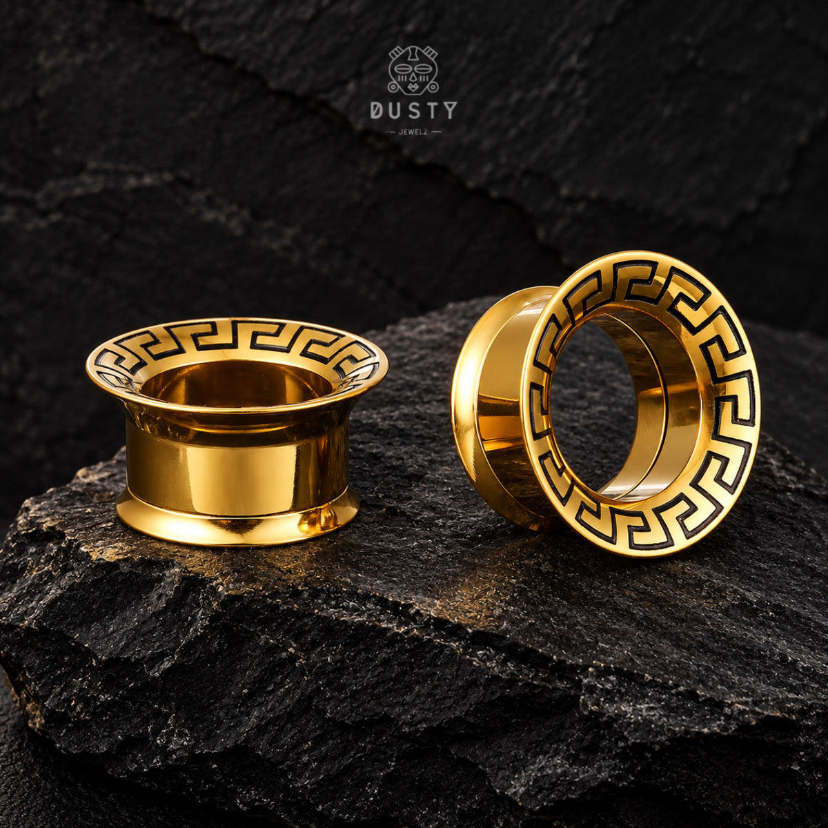 Greek Key Stainless Steel Screw Back Tunnels | Gold & Silver | 8–16mm
