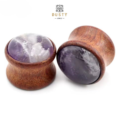 Amethyst & Wood Double Flare Plugs | Light or Dark Wood | 6–16mm