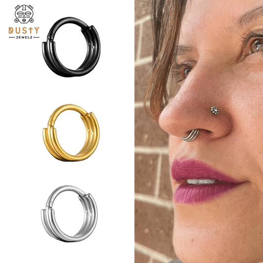 Triple Stacked Septum Ring| Hinged Layered Clicker