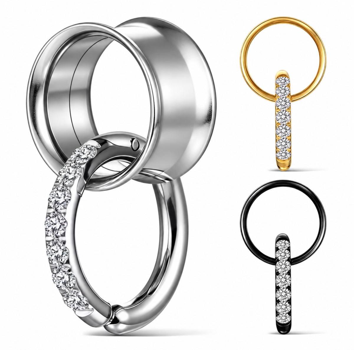Tunnels And Ring Stack Set | Eyelets With CZ Dangle Rings