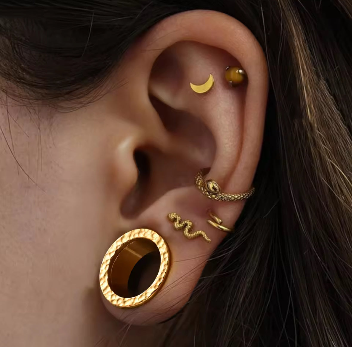 Hammered Stainless Steel Tunnels | Double Flare Screw Back