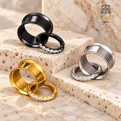Tunnels And Ring Stack Set | Eyelets With CZ Dangle Rings